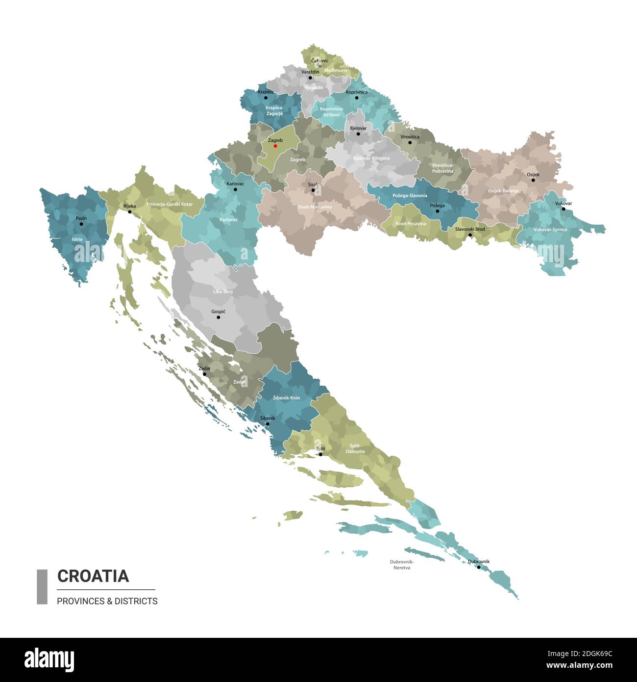 Croatia higt detailed map with subdivisions. Administrative map of Croatia with districts and cities name, colored by states and administrative distri Stock Vector