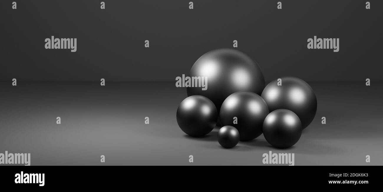 Abstract round spheres, globes or balls in realistic digital studio interior, cgi render illustration, background wallpaper rendering, black, dark Stock Photo