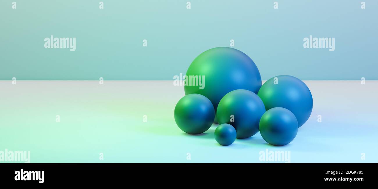 Abstract round spheres, globes or balls in realistic digital studio interior, cgi render illustration, background wallpaper rendering, green, blue Stock Photo