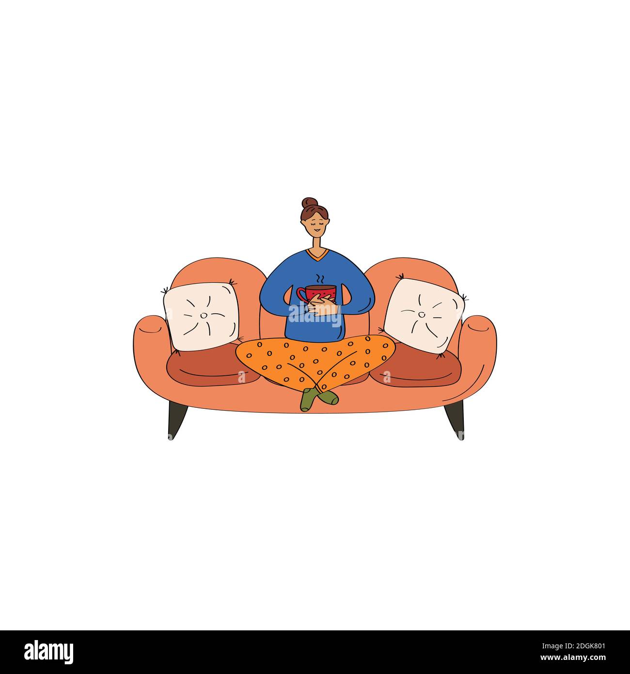 Woman in pajamas sitting on couch. Cozy home card. Hand drawn flat vector illustration Stock Vector