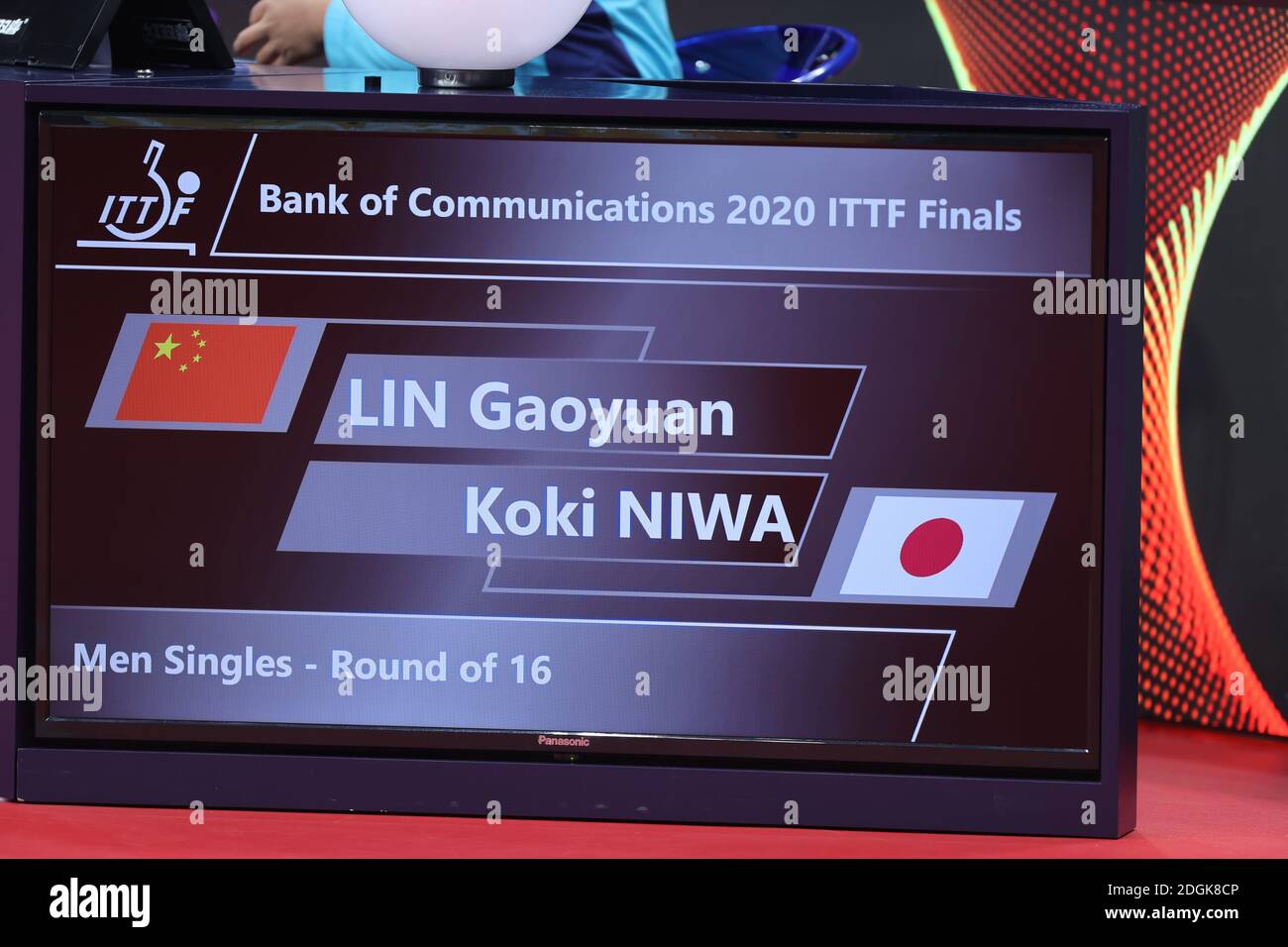 The scoreboard at the men¯s eighth-final of Bank of Communications 2020 ITTF Finals between Japanese table tennis player Koki Niwa and Chinese table t Stock Photo