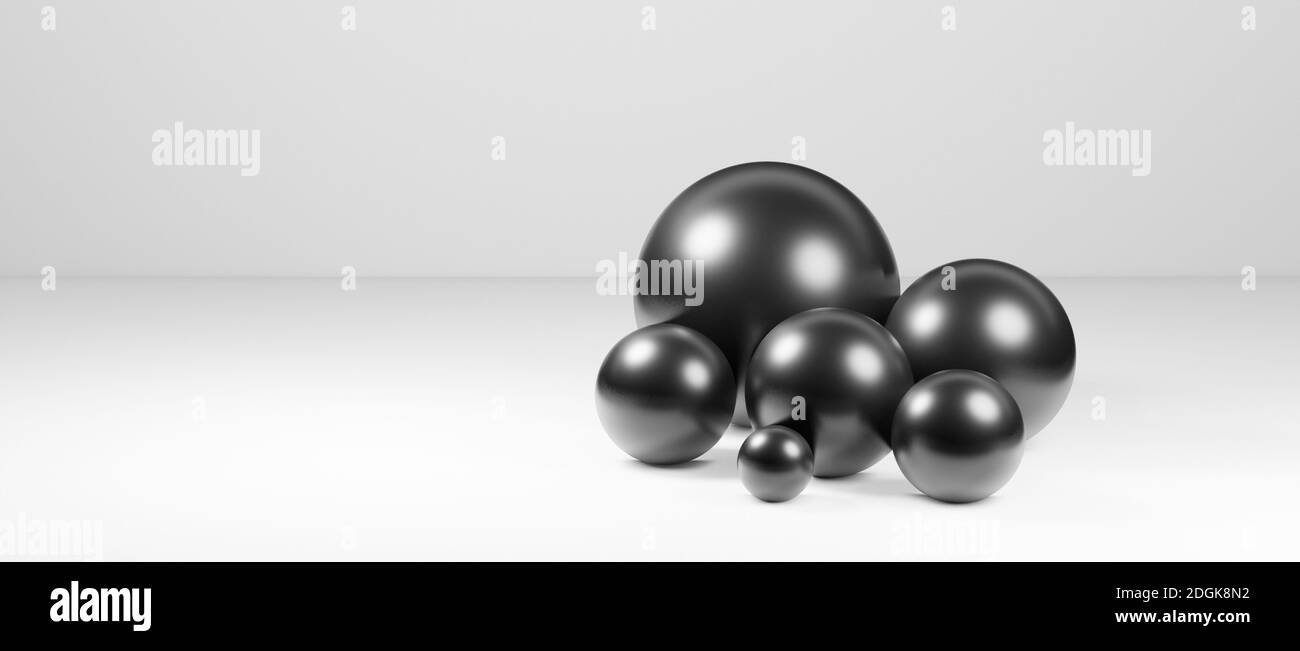Abstract round spheres, globes or balls in realistic digital studio interior, cgi render illustration, background wallpaper rendering, white, Stock Photo