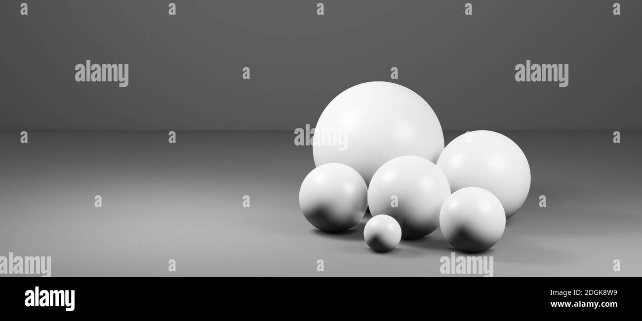 Abstract round spheres, globes or balls in realistic digital studio interior, cgi render illustration, background wallpaper rendering, white, Stock Photo