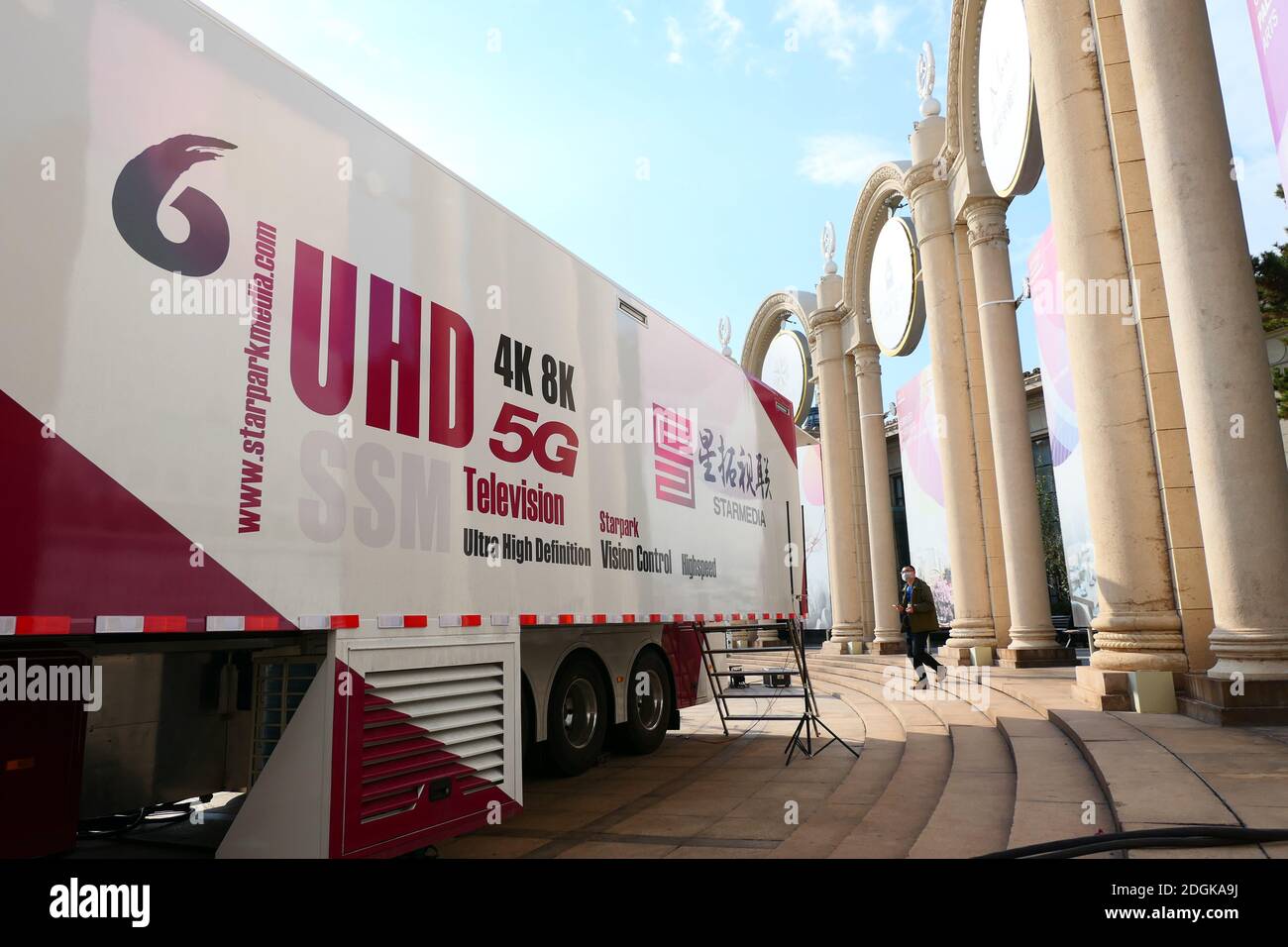 A van which can contribute to outside broadcasting with 5G and 8K resolution technology is seen at the exhibition of first China Beijing Audiovisual C Stock Photo