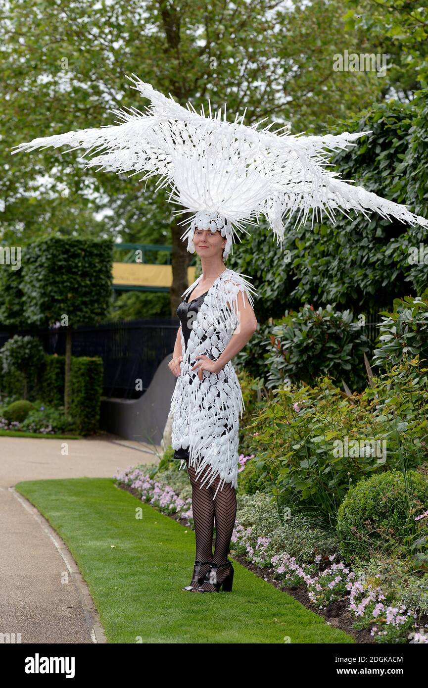 Designer Larisa Katz wears a hat and dress made of plastic spoons on Day 2  of Royal Ascot, Ascot Racecourse, London. (Mandatory Credit: DOUG PETERS/  EMPICS Entertainment Stock Photo - Alamy