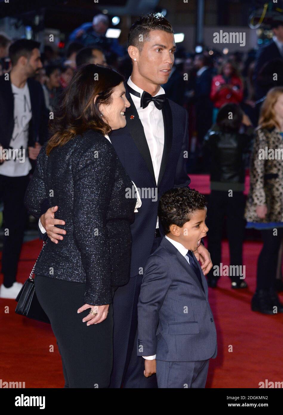 Cristiano Ronaldo, his mother Maria Dolores Aveiro and son Cristiano Ronaldo Junior attending the world premiere of Ronaldo at Vue West End Cinema in Leicester Square, London. Stock Photo