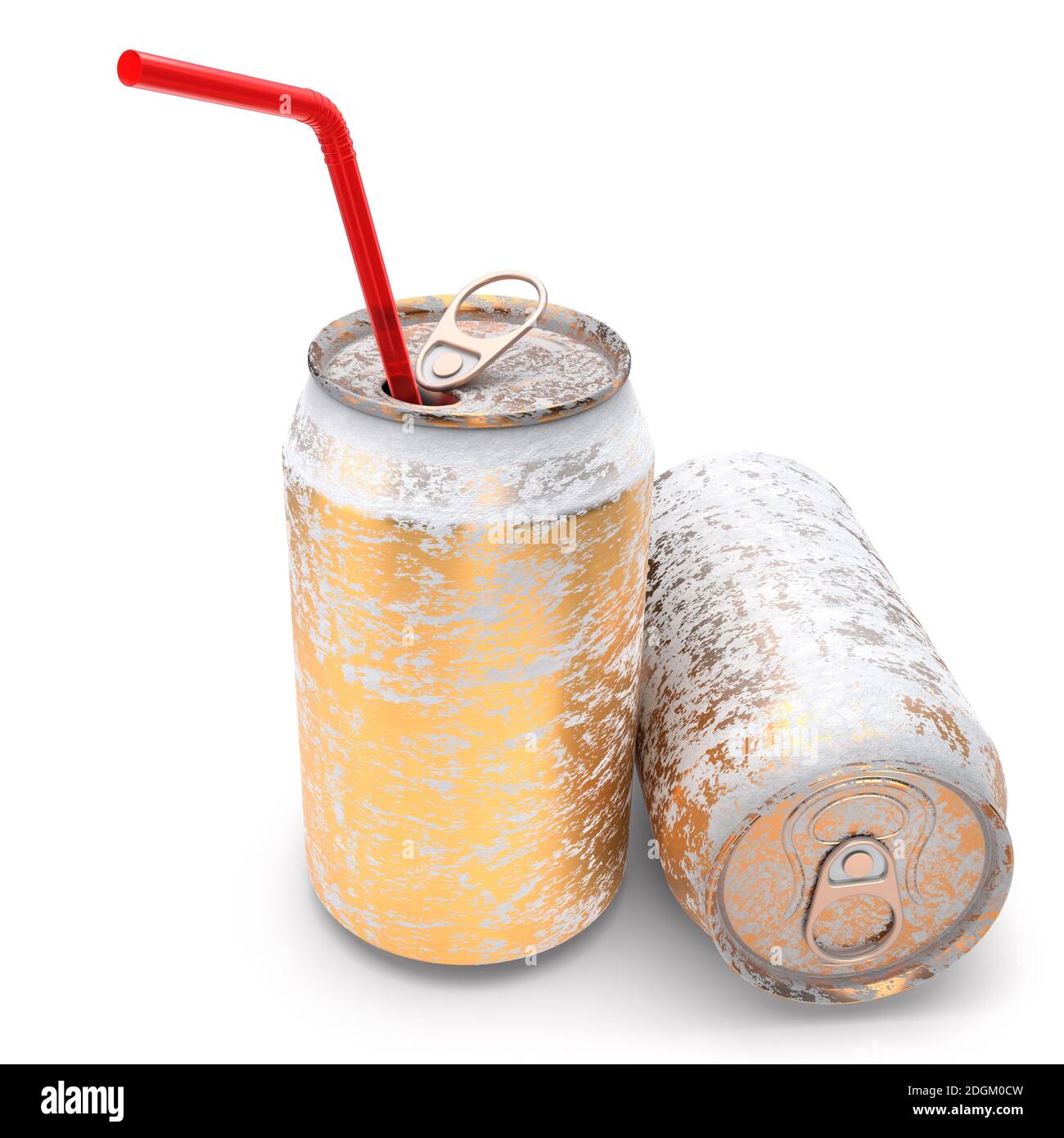 Gold frozen aluminum beer or soda cans with red straw isolated on