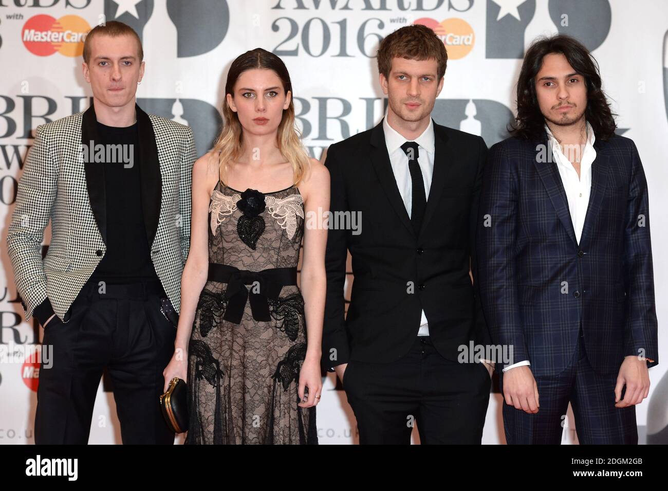 (L - R) Theo Ellis, Ellie Rowsell, Joff Oddie, Joel Amey of Wolf Alice arriving for the 2016 Brit Awards at the O2 Arena, London. Stock Photo