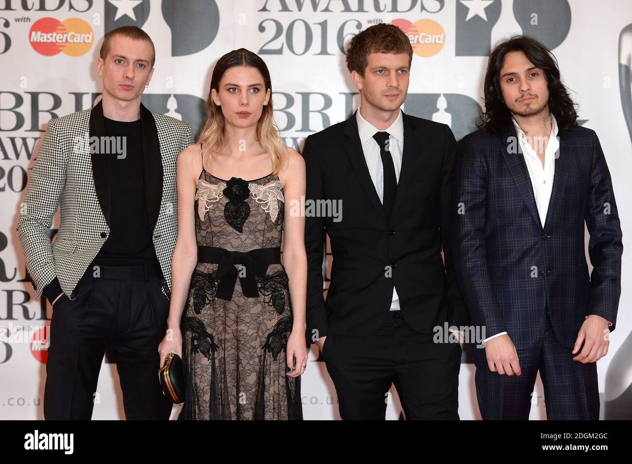 (L - R) Theo Ellis, Ellie Rowsell, Joff Oddie, Joel Amey of Wolf Alice arriving for the 2016 Brit Awards at the O2 Arena, London. Stock Photo
