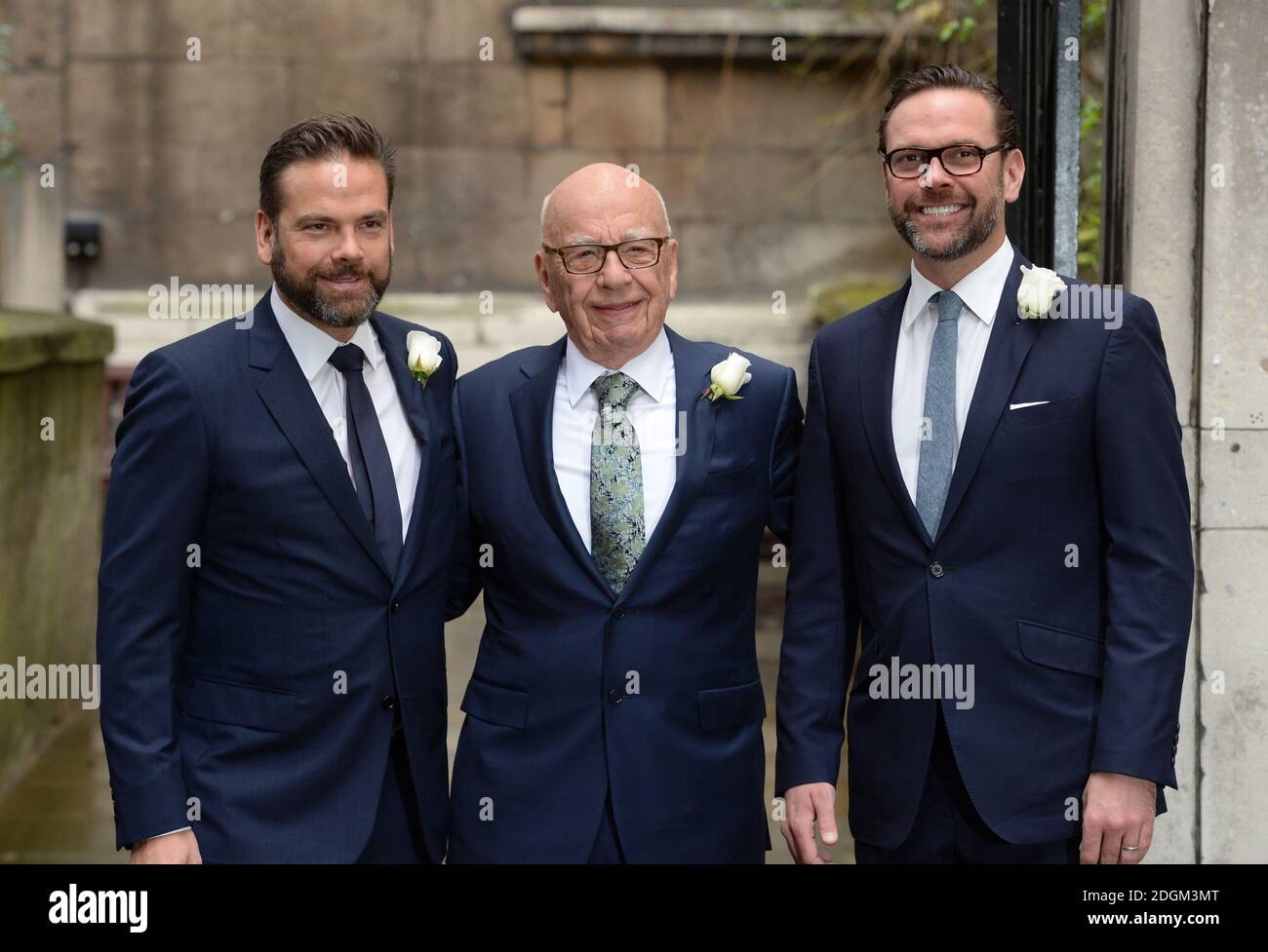 Rupert Murdoch accompanied by his sons James (right) and Lachlan (left) attending the Rupert Murdoch and Jerry Hall Wedding Blessing at St Brides Church, Fleet St, London Stock Photo