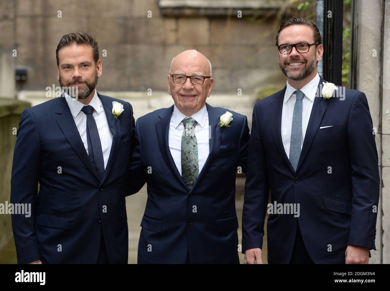 Rupert Murdoch accompanied by his sons James (right) and Lachlan (left) attending the Rupert Murdoch and Jerry Hall Wedding Blessing at St Brides Church, Fleet St, London Stock Photo