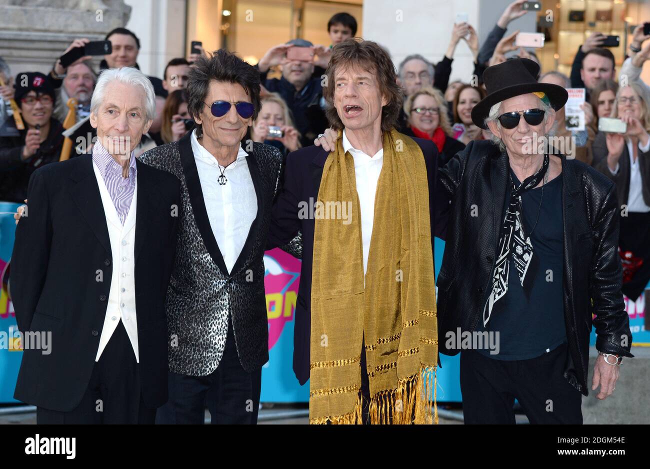 Mick Jagger, Keith Richards, Ronnie Wood and Charlie Watts of the Rolling Stones arriving at the Exhibitionism, The Rolling Stones Exhibition Opening Night Gala at Saatchi Gallery, London.  Stock Photo