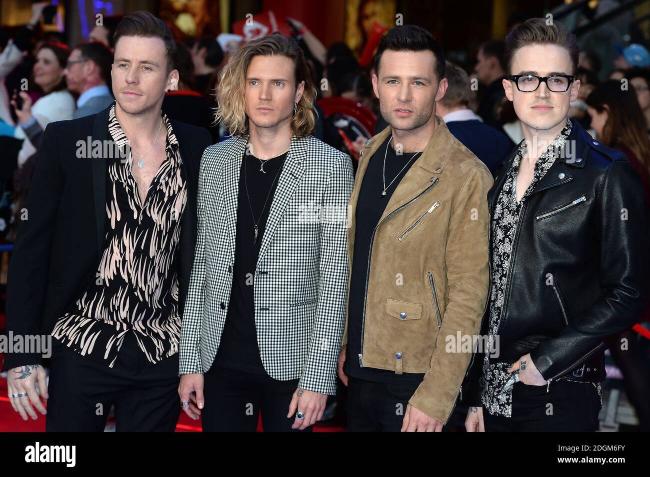 McFly (left to right) Dougie Poynter, Danny Jones, Harry Judd and Tom Fletcher arriving for the Captain America: Civil War European Premiere at the Vue Westfield, London. Tuesday 26th April 2016. Picture Credit Doug Peters EMPICS Entertainment  Stock Photo
