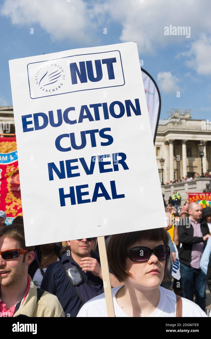 Protect our Welfare State and Public Services March and Rally. The demonstration aims was to 'send a clear message' to all the political parties that 'the majority of people do not want to see further cuts and privatisation'. Rally, Trafalgar Square, London, UK.  10 Apr 2010 Stock Photo