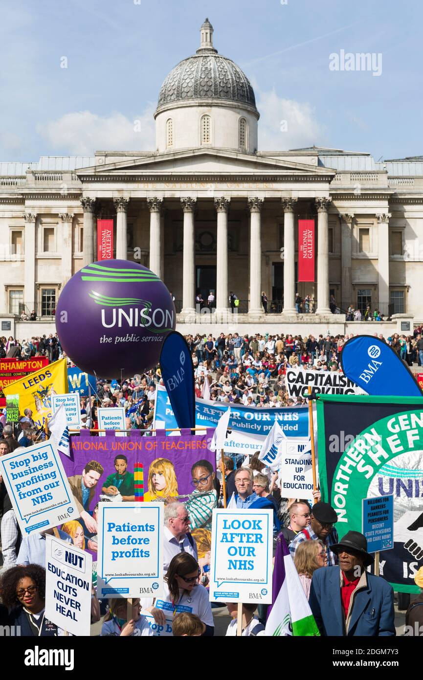 Protect our Welfare State and Public Services March and Rally. The demonstration aims was to 'send a clear message' to all the political parties that 'the majority of people do not want to see further cuts and privatisation'. Rally, Trafalgar Square, London, UK.  10 Apr 2010 Stock Photo