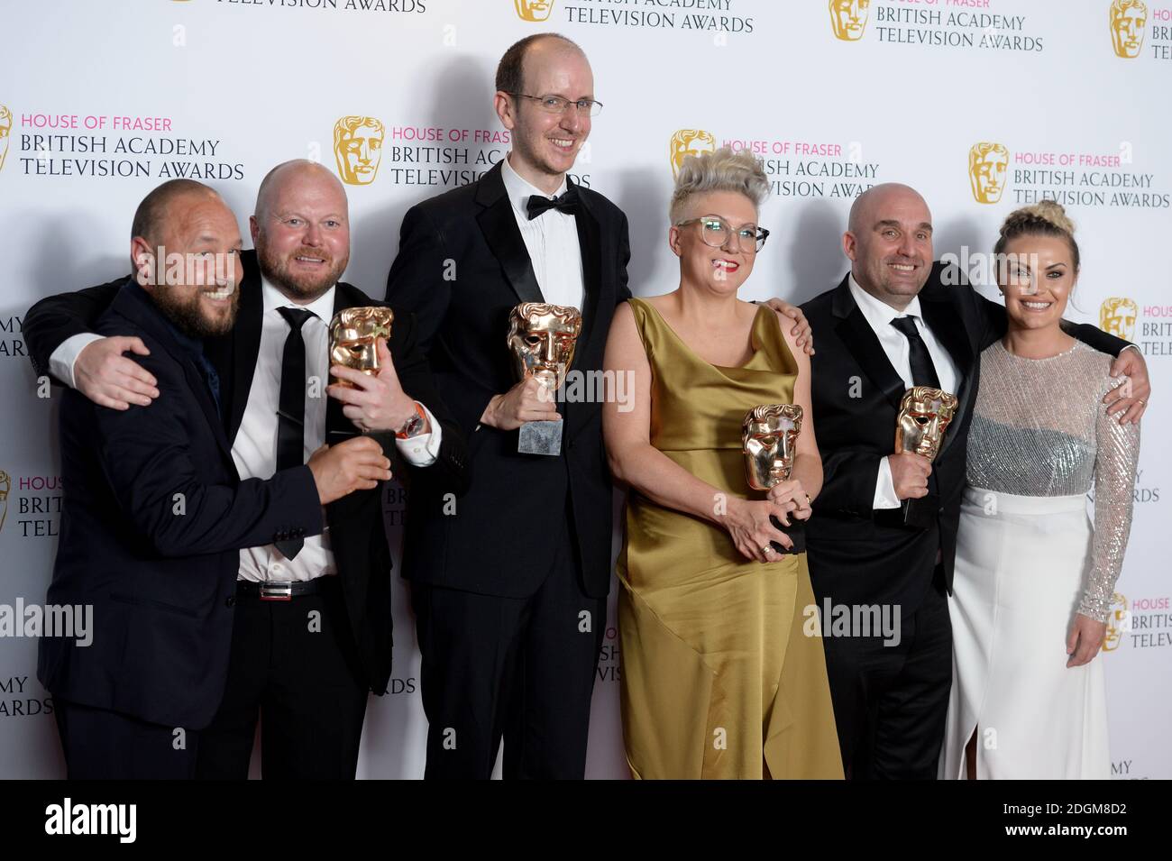 Stephen Graham (left), Shane Meadows (second right), Mark Herbert (second left), Jack Thorne (centre, left), Chanel Cresswell (right) and Rebekah Wray-Rogers (centre, right) with the Best Mini-Series award for This Is England '90   in the press room the House of Fraser BAFTA TV Awards 2016 at the Royal Festival Hall, Southbank, London. Stock Photo