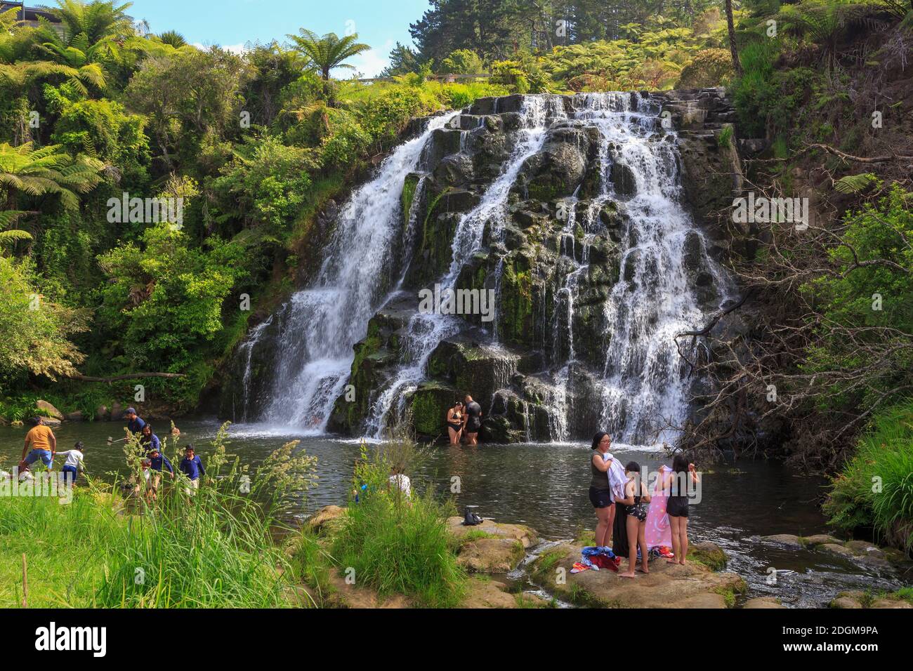 People swimming at Owharoa Falls, a beautiful waterfall in the Karangahake Gorge, New Zealand Stock Photo