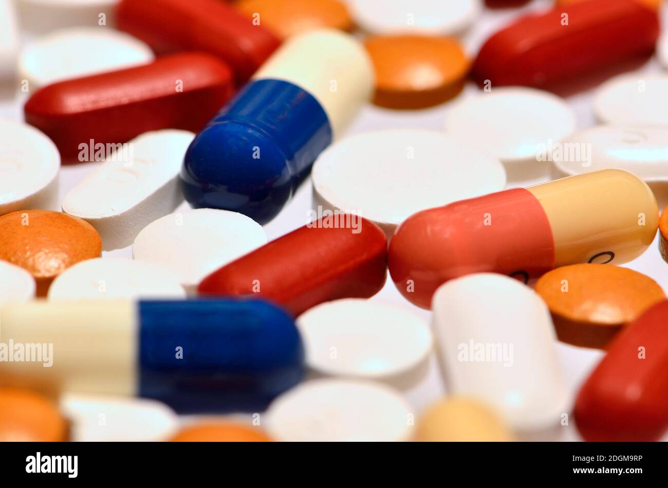 Mixture of prescription drugs: pills, tablets, capsules Stock Photo