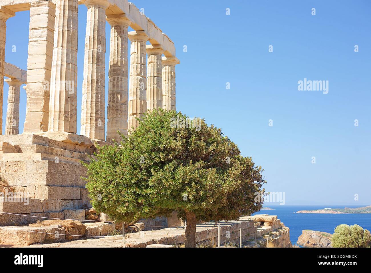 An olive tree and the ancient Greek temple of Poseidon at Cape Sounion ...