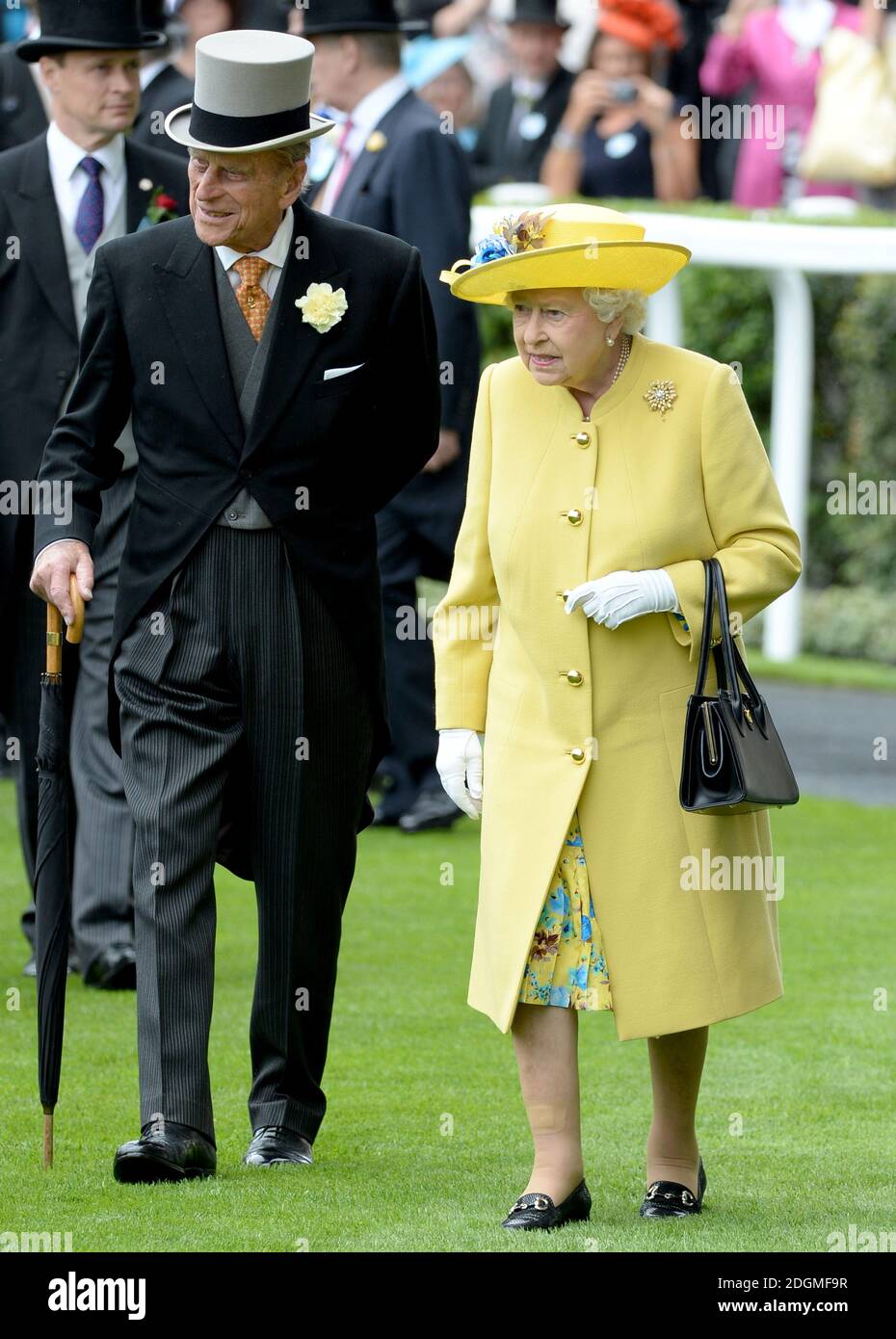 The Queen Elizabeth II and the Duke of Edinburgh arrive during day one of the 2016 Royal Ascot Meeting at Ascot Racecourse, Berkshire.   Stock Photo