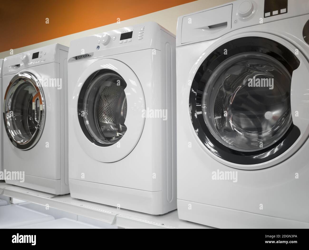 Washing machines are sold in the store. Stock Photo