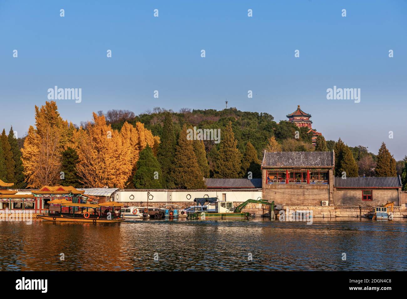 Trees turn into yellow or red within the Summer Palace, a vast ensemble of lakes, gardens and palaces, as autumns comes, making them a wonderful scene Stock Photo
