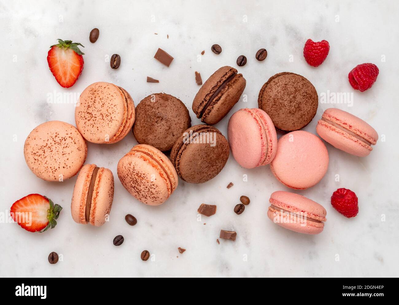 French macarons on white marble, top view Stock Photo
