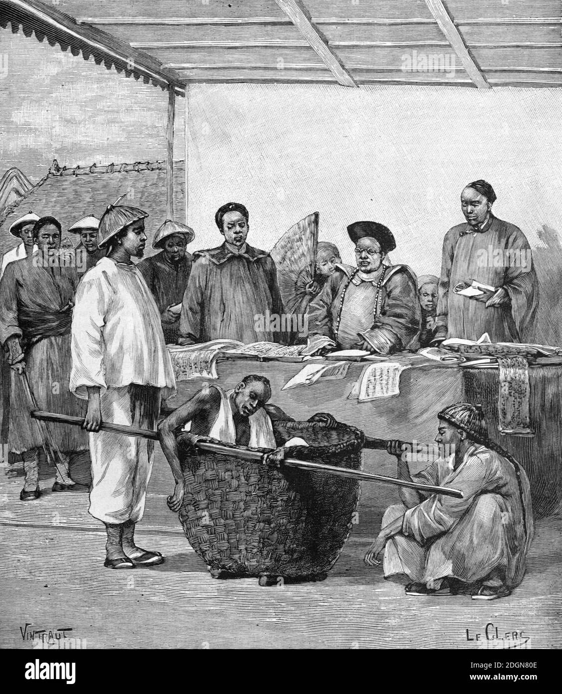 Prisoner in Bucket in Front of Law Court Judge Canton or Guangzhou China (Engr 1895 Vintraut-LeClerc) Vintage Illustration or Engraving Stock Photo