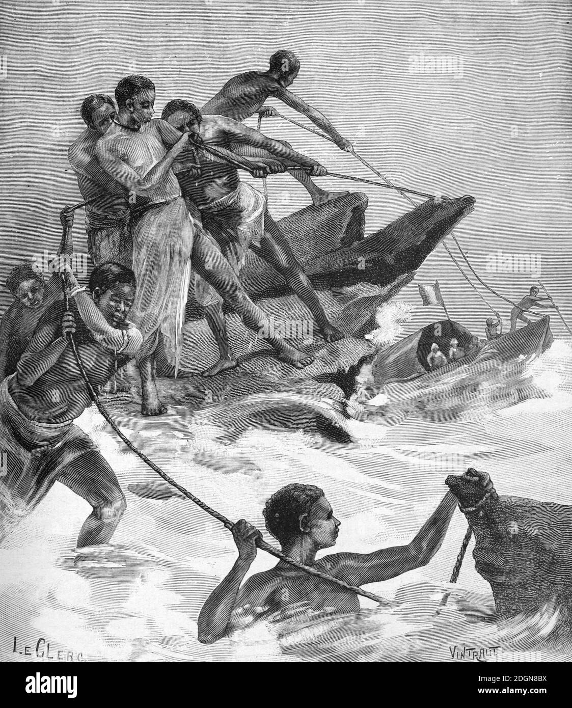 French Colonials, Explorers & Natives or Africans Navigating the Niger River in West Africa (Engr 1896 LeClerc-Vintraut) Vintage Illustration or Engraving Stock Photo