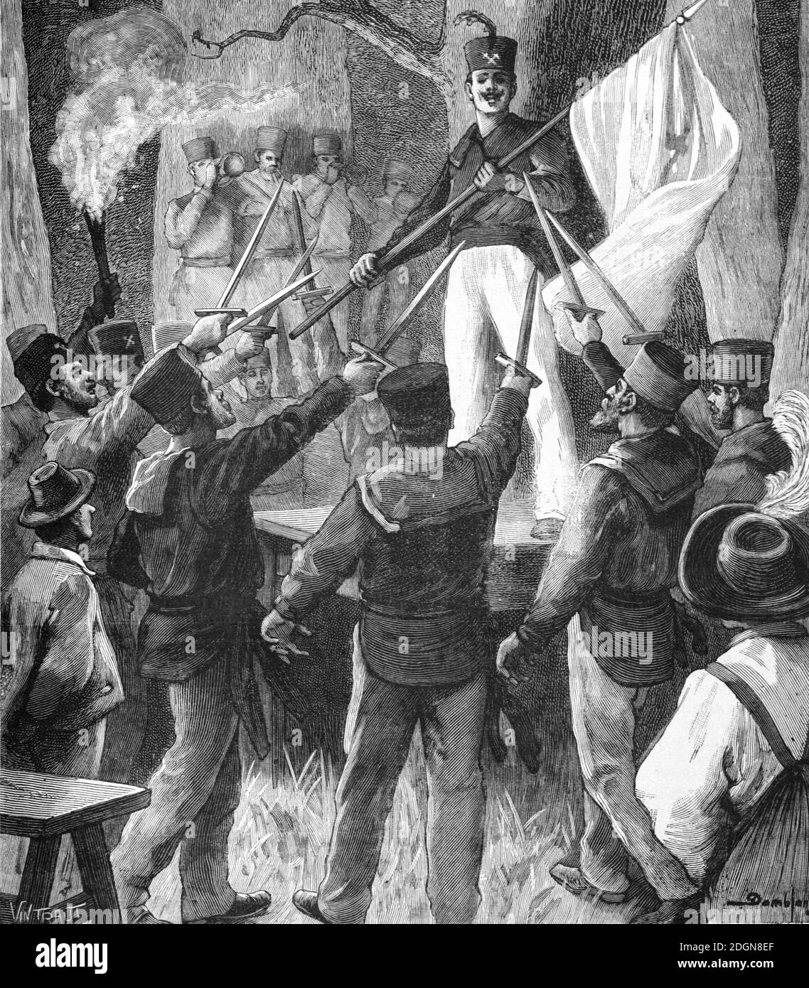 Austrian Soldiers in Salzkammergut Austria during the Franco-Prussian War 1870-71 (Engr 1896 Vintraut-Domblanc) Vintage Illustration or Engraving Stock Photo