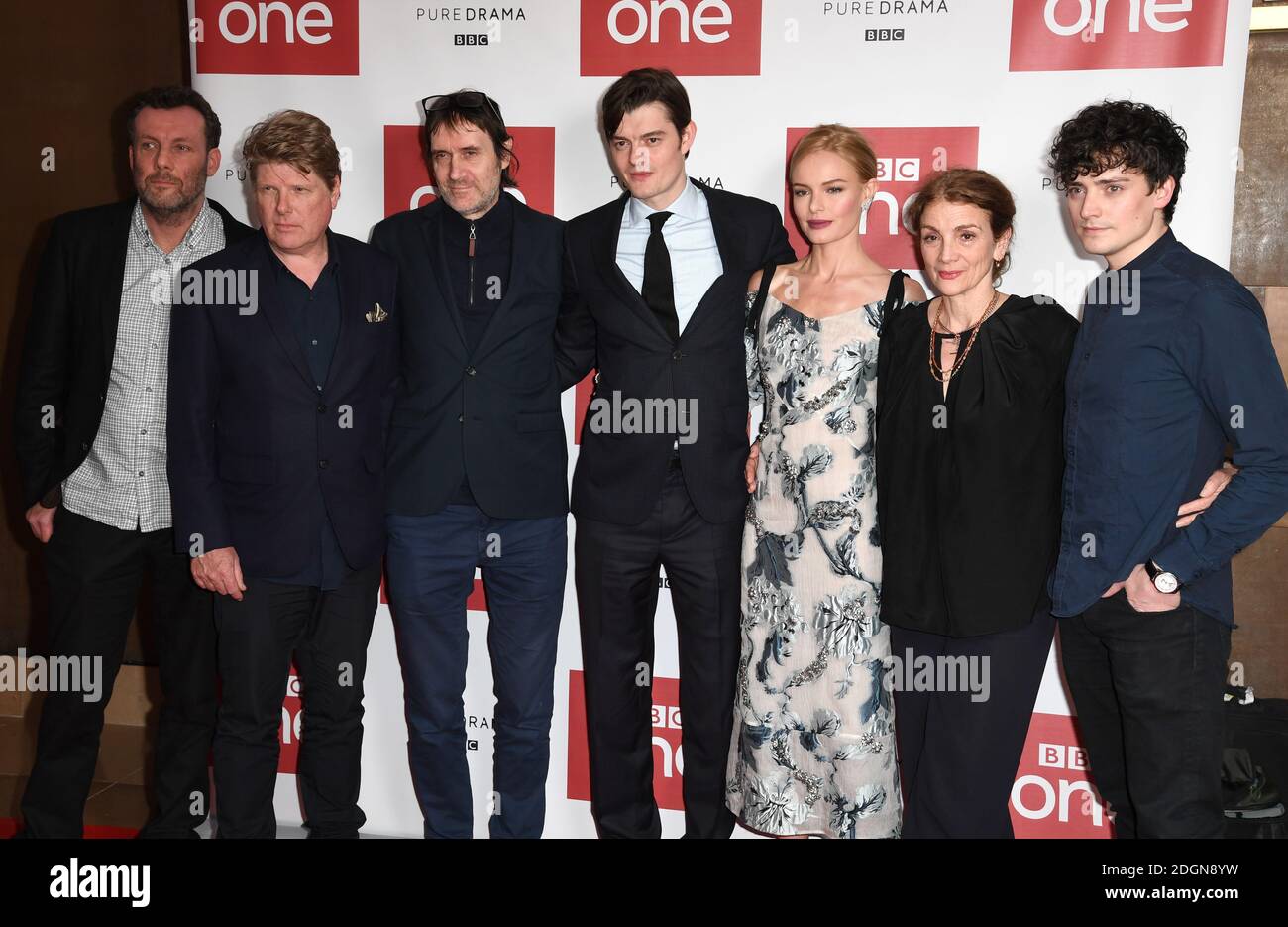 Screenwriters Robert Wade and Neal Purvis, Sam Riley, Kate Bosworth, Sally Woodward Gentle and Aneurin Barnard arriving at the World Premiere of the BBC One drama, SS-GB, The May Fair Hotel, London Stock Photo