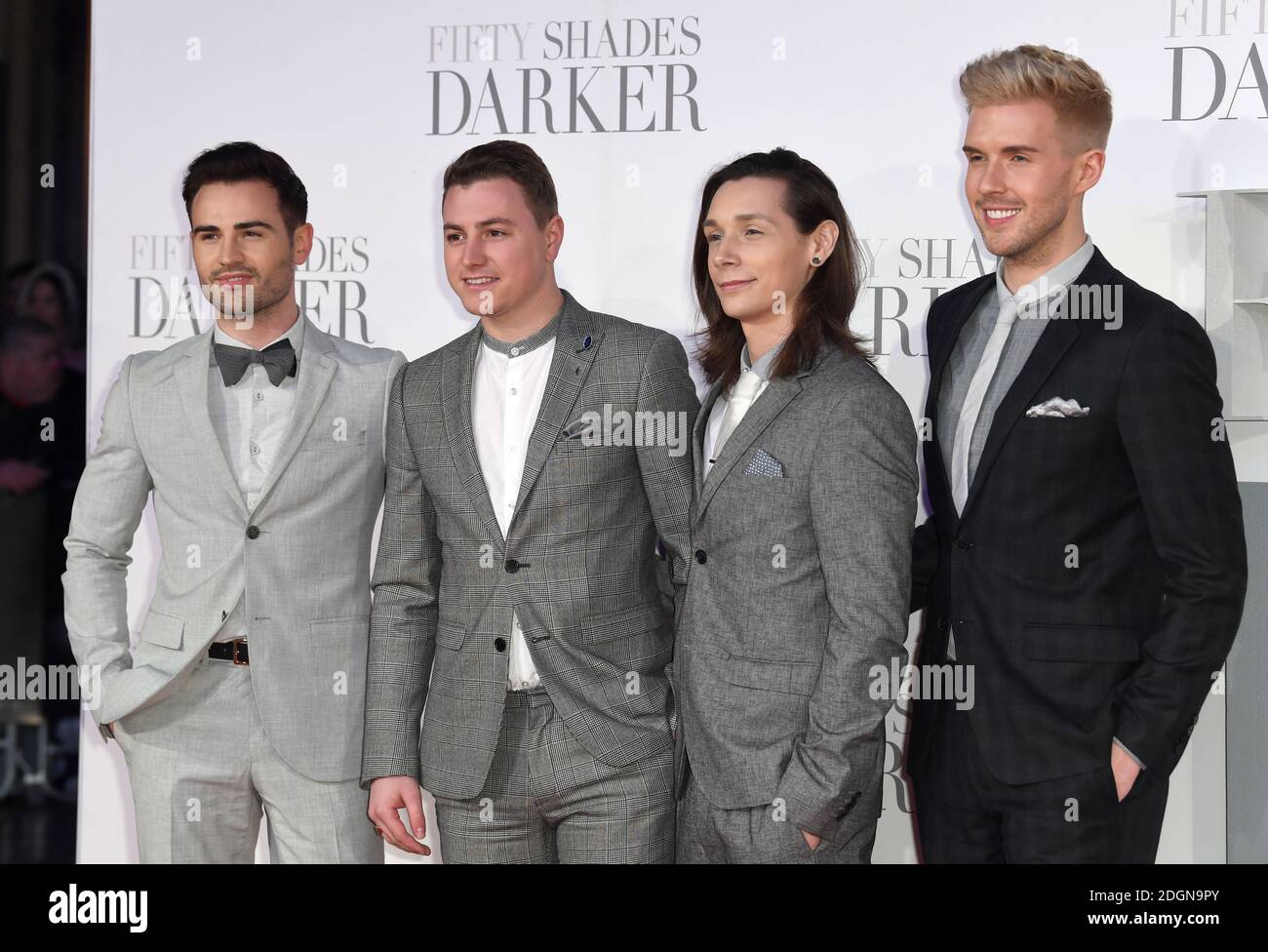 Michael Auger, Matt Pagan, Thomas J Redgrave and Jamie Lambert of Collabro arriving for the Fifty Shades Darker European Premiere held at Odeon Leicester Square, London. Picture date: Thursday February 9, 2017. Photo credit should read: Doug Peters/ EMPICS Entertainment Stock Photo