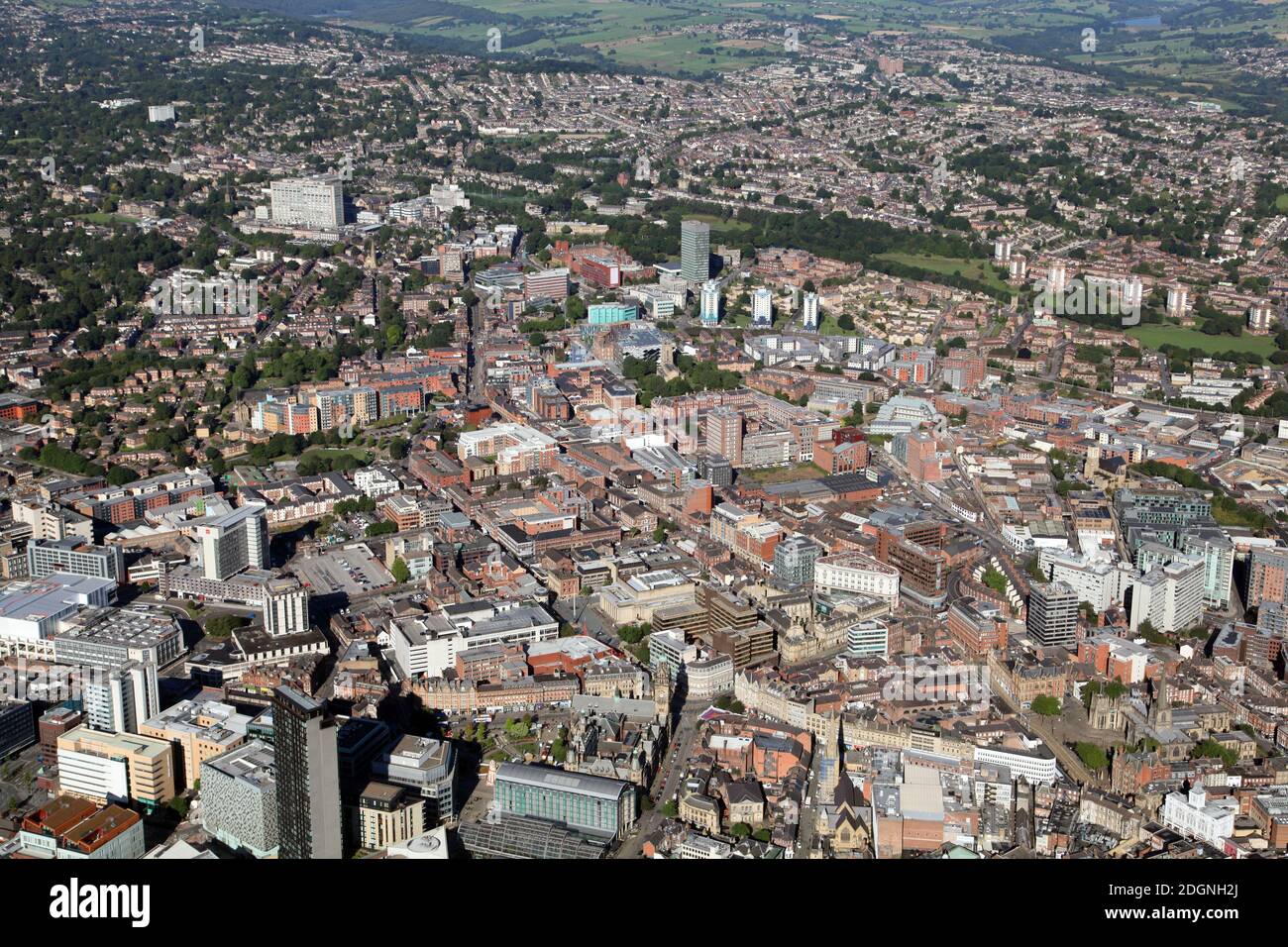 aerial view from over the Peace Gardens looking west down Devonshire, Wellington & West Streets towards Sheffield University city campus buildings Stock Photo