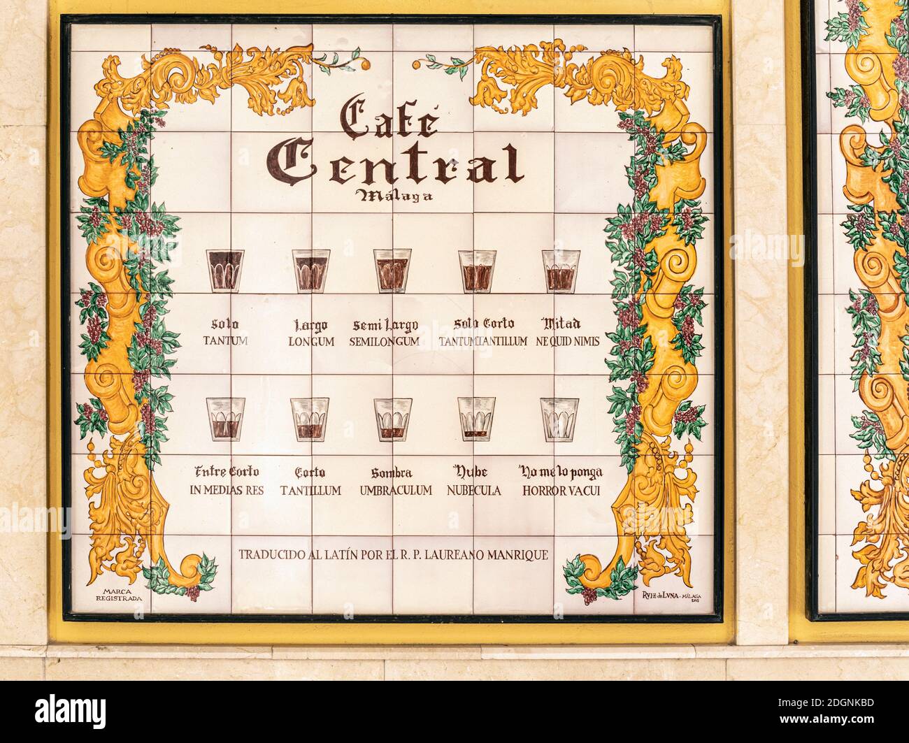 How to order your coffee.  Decorative ceramic tile display outside the Cafe Central in Malaga, Spain demonstrating 10 different ways of ordering coffe Stock Photo