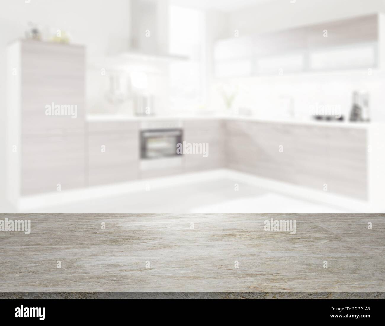Wooden table top in front of blurred kitchen - Illustration Stock Photo ...