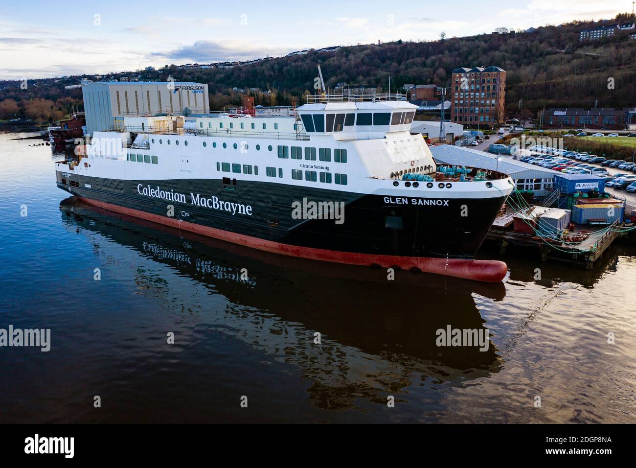Port Glasgow, Scotland, UK. 9 December 2020. Aerial view of CalMac ferry MV Glen Sannox under fabrication at Ferguson Marine shipyard in Port Glasgow. The Scottish ParliamentÕs Rural Economy and Connectivity Committee publish damning report criticising all aspects of the over budget and overdue project. Iain Masterton/Alamy Live News Stock Photo