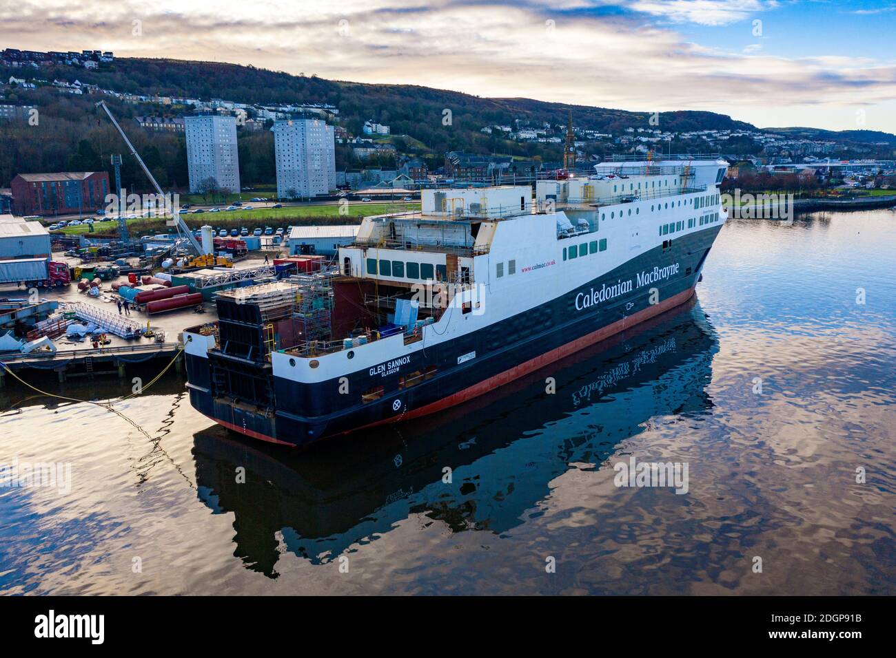 Port Glasgow, Scotland, UK. 9 December 2020. Aerial view of CalMac ferry MV Glen Sannox under fabrication at Ferguson Marine shipyard in Port Glasgow. The Scottish ParliamentÕs Rural Economy and Connectivity Committee publish damning report criticising all aspects of the over budget and overdue project. Iain Masterton/Alamy Live News Stock Photo