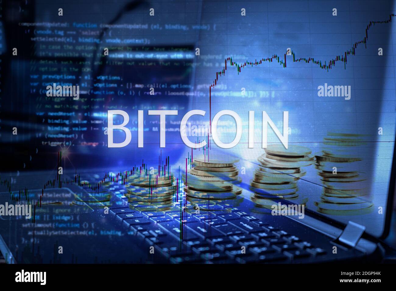 Bitcoin inscription against laptop and code background. Stock Photo