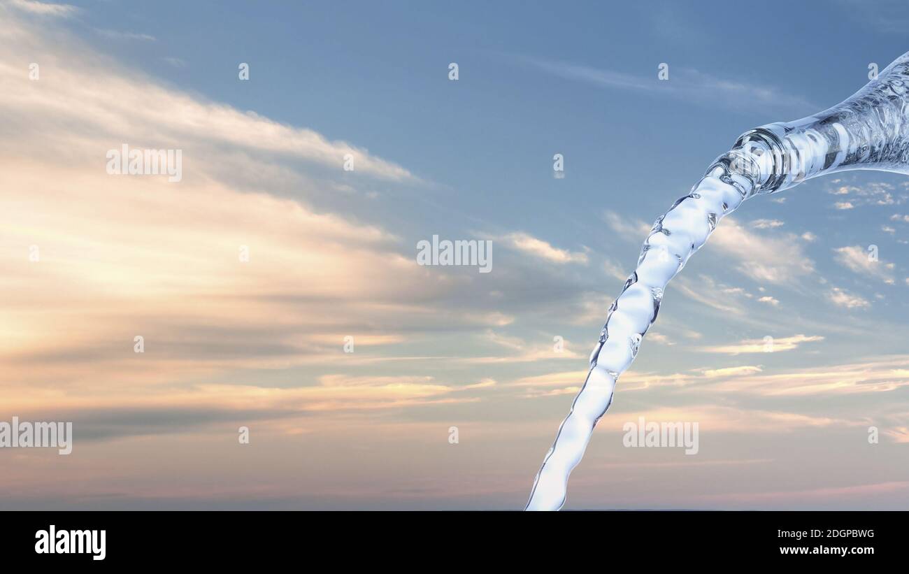 Clear water flowing out of bottle isolated in front of sky - 3D Illustration Stock Photo
