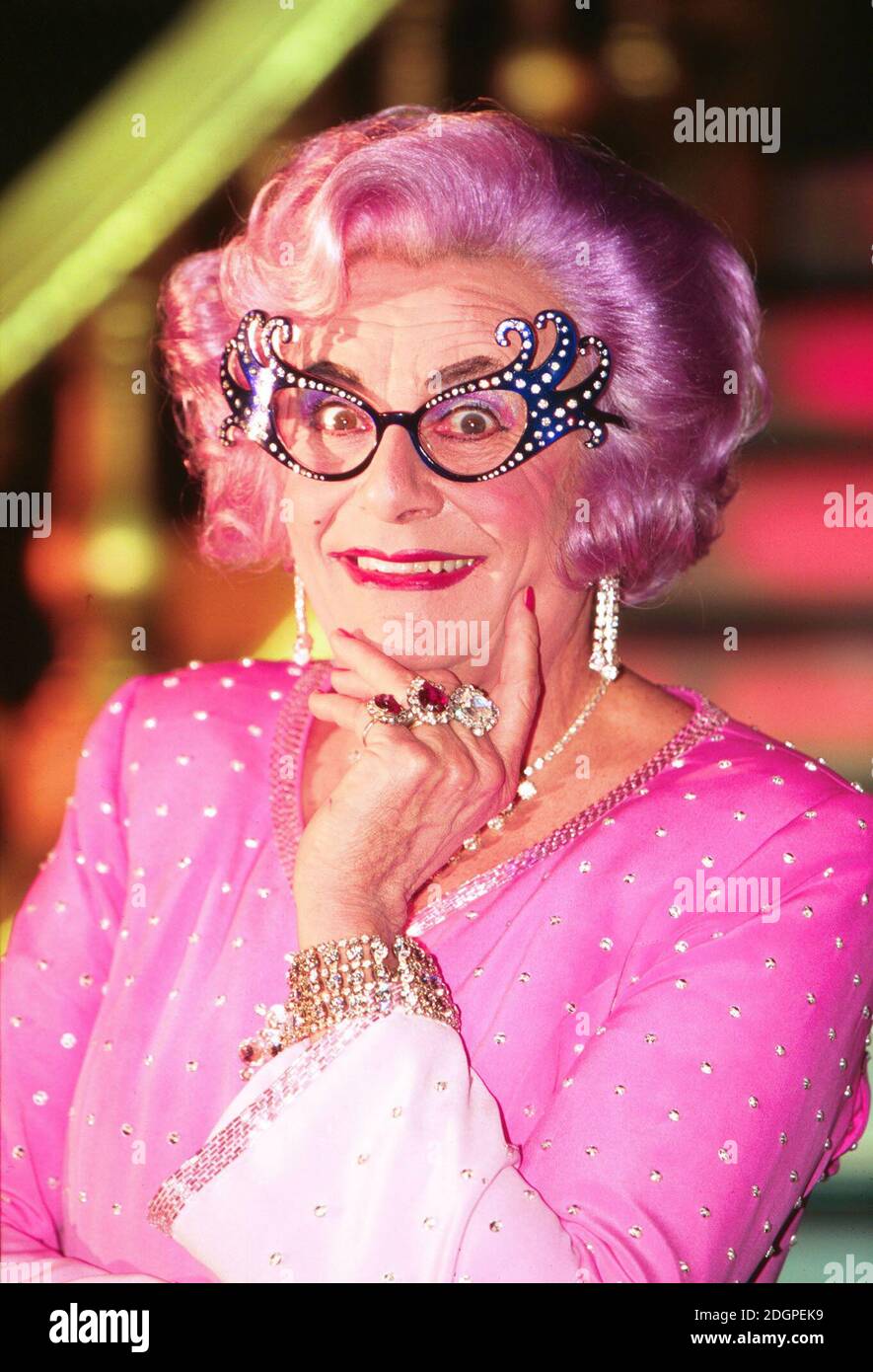Barry Humphries as Dame Edna Everage. Photocall for 'New Edna:The Spectacle ' at Theatre Royal. Half length.  Stock Photo