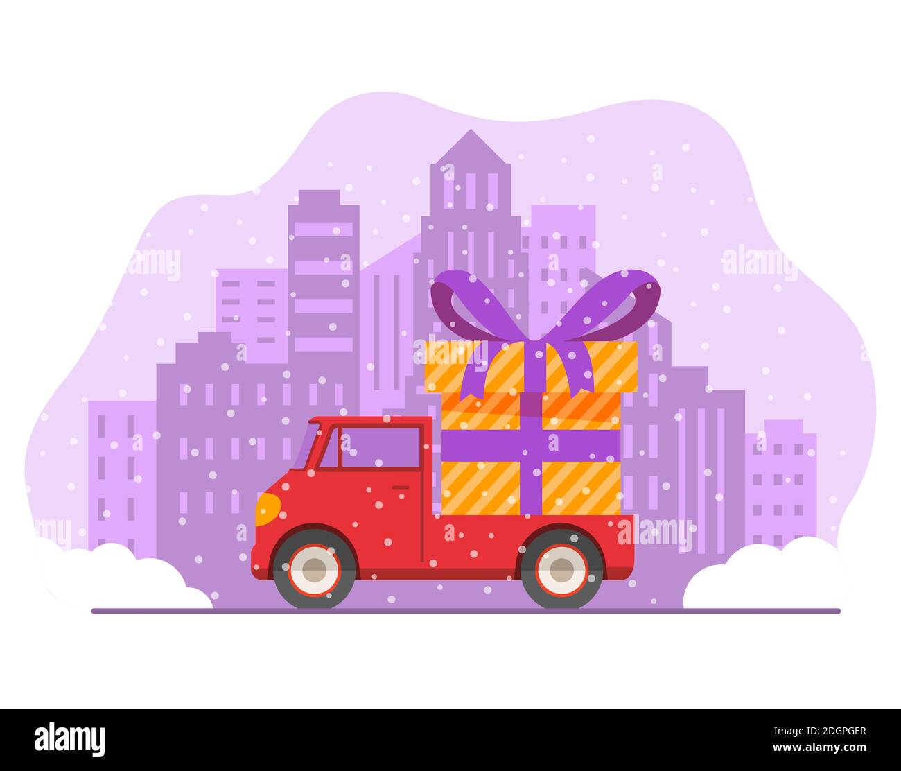Christmas delivery truck gift box.Night winter city skyline with skyscrapers. Stock Vector