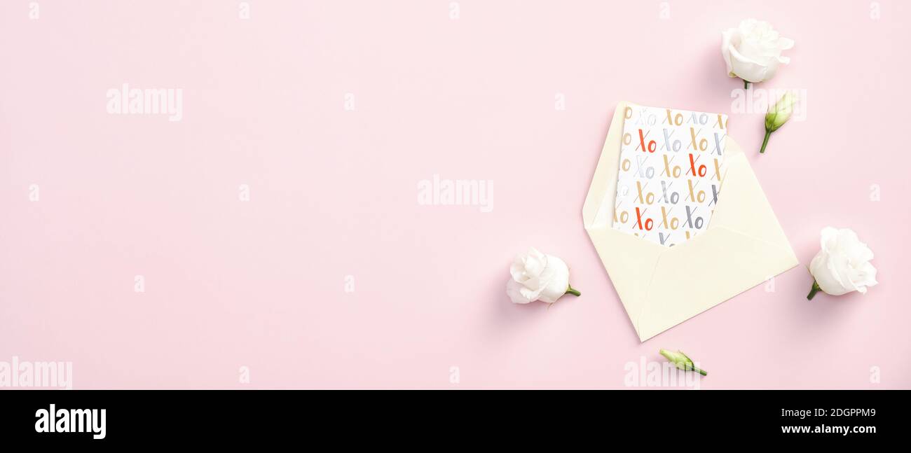 Download Envelope With Greeting Card And Rose Buds Flowers On Pastel Pink Background Minimal Romantic Banner Mockup For Valentines Day Birthday Mothers Day Stock Photo Alamy