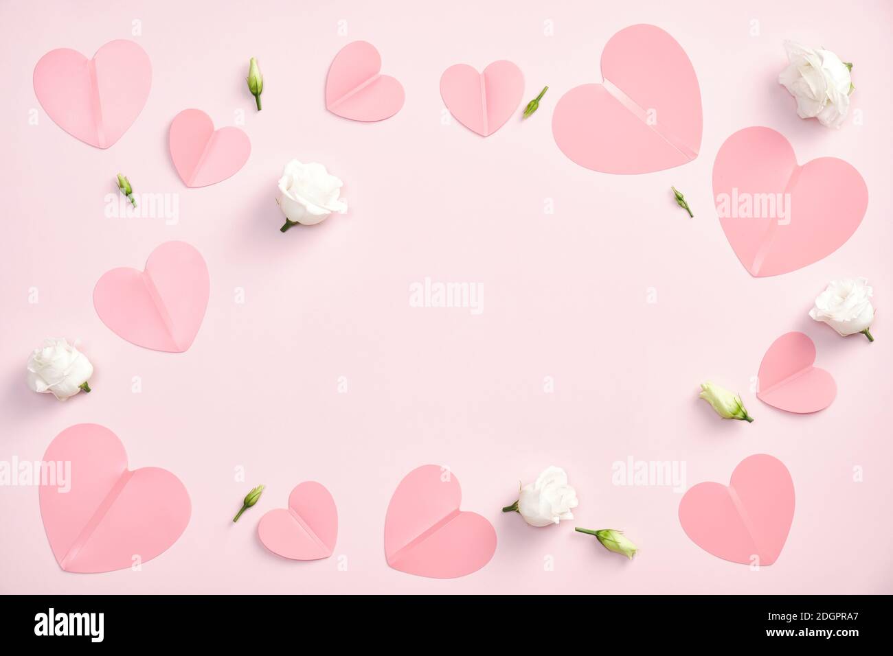 Valentines day flat lay composition. Top view pink paper hearts and ...