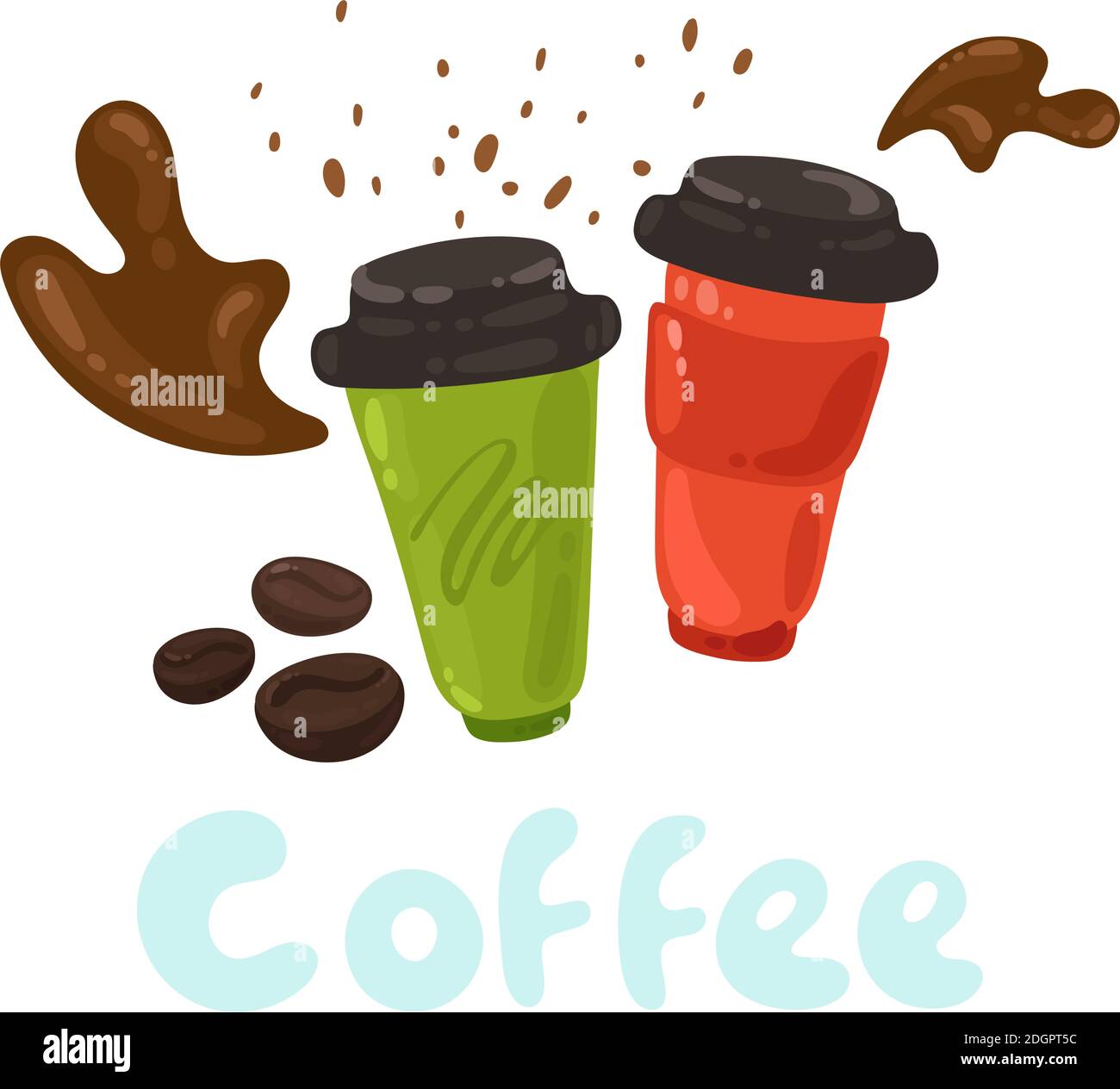 Coffee take away paper cups. Illustration template for brand identity design. Green and red cardboard coffee cups. Flat dynamic style. Disposable Stock Vector