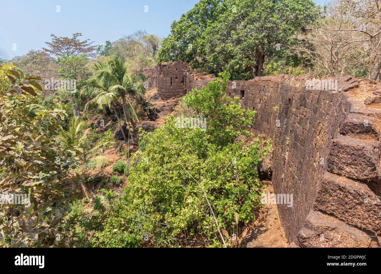 View of the old stone wall and tower of the Portuguese fortress Fort Cabo De Rama in the rainforest in Goa, India Stock Photo