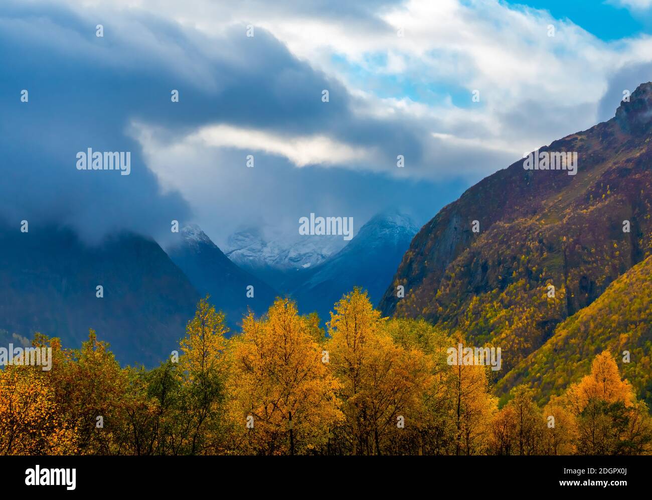 Valley with trees in autumn colors , dramatic cloud scape and mountain slopes and peaks in the distance.  Stock Photo
