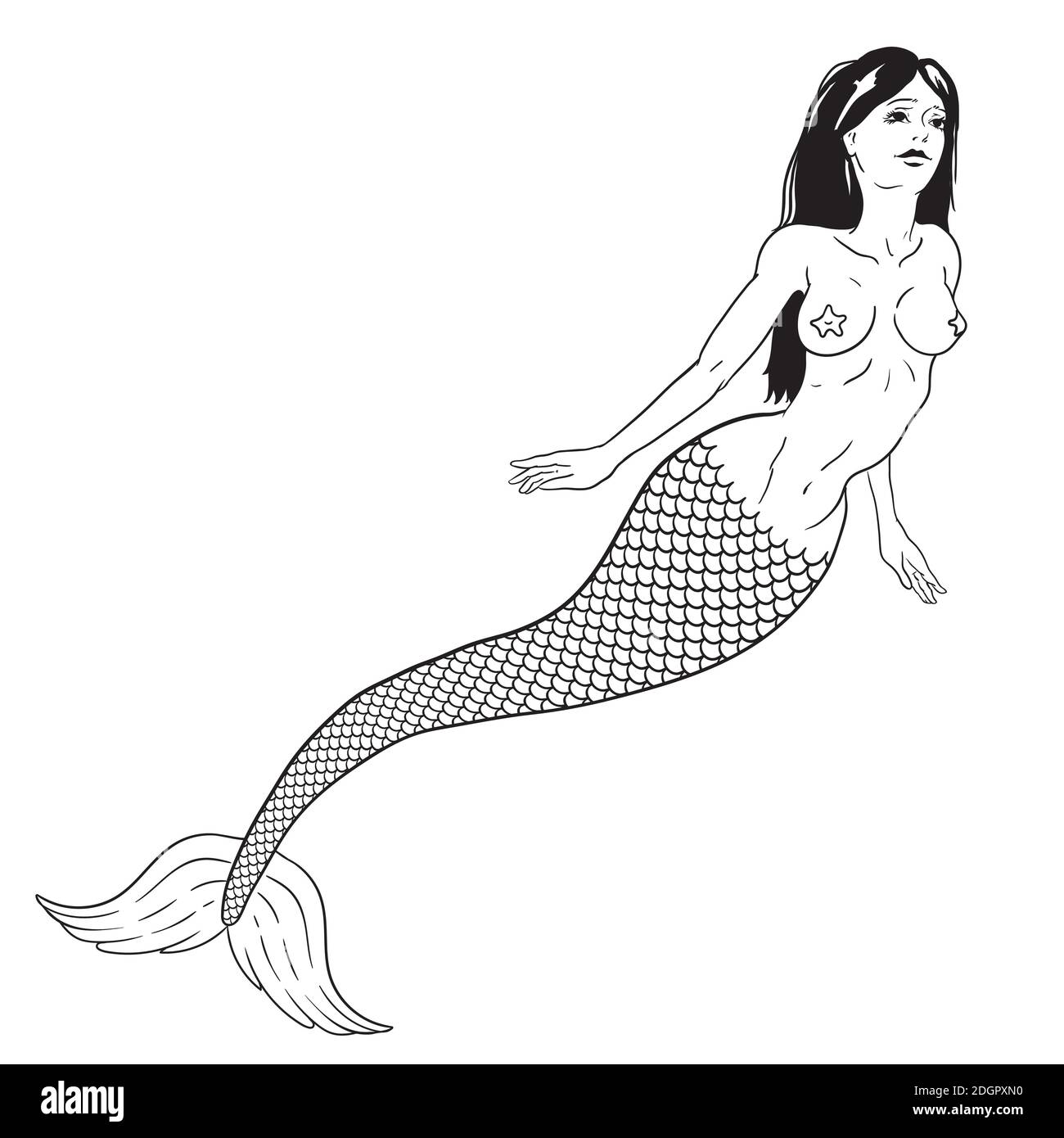 Beautiful mermaid outline vector hand drawn illustration. Stock Vector