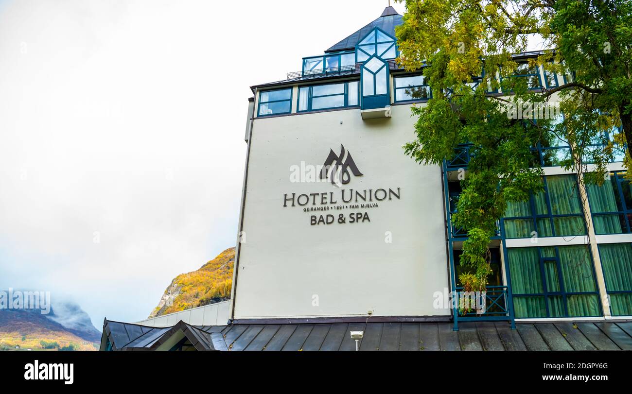 Hotel Union in Geiranger fjord in Norway. Stock Photo
