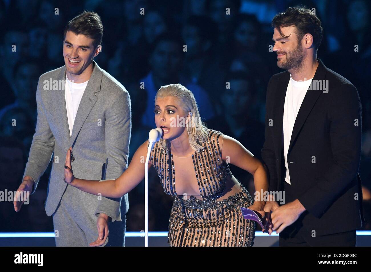 Bebe Rexha and The Chainsmokers presenting at the MTV Video Music