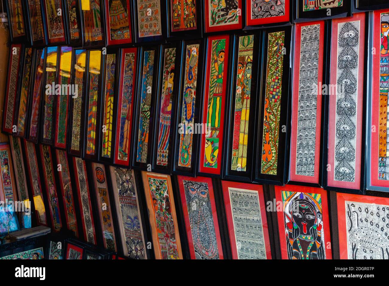 Wall paintings from Bihar, India called Madhubani on sale in a small